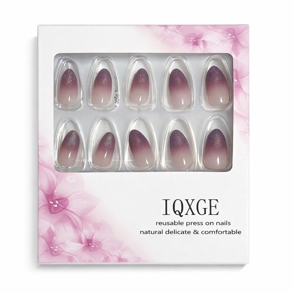 IQXGE Reusable Press On Nails Ombre Glitter Almond Shape Natural‎ 24 Count